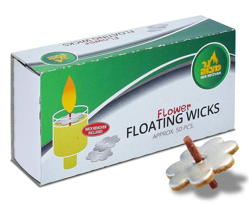 Ner Mitzvah Flower Shaped Floating Wicks - 50 Count (Approx.), Cotton Wicks and Cork Disc Holders for Oil Cups - Bonus Wick Removal Tweezers - Image 1